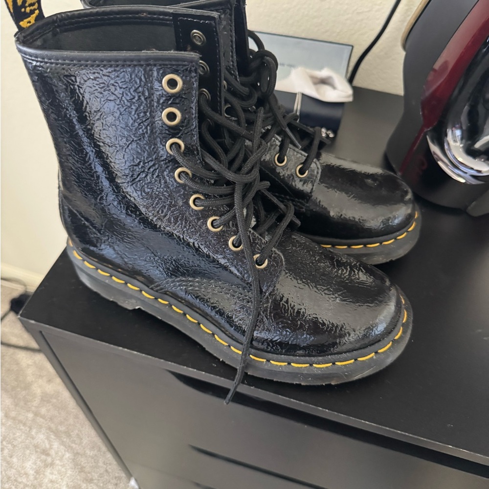 Dr. Martens Black and Yellow Lace Up Boots with Air-Cushioned Sole